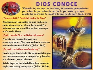 ¿Cómo enfatizó Daniel el poder de Dios?
Concordó con los sabios en que nadie era
capaz de responder al rey. Pero mostró a
Nabucodonosor a un Dios en los cielos que
actúa en la Tierra.
¿Qué conocía Dios de Nabucodonosor?
Conocía sus pensamientos y sus
preocupaciones. Dios conoce hasta nuestros
pensamientos más íntimos (Salmo 26:2).
¿En qué consistía el sueño del rey?
Una imagen terrible de distintos metales que
son desmenuzados por una piedra y llevados
por el viento, como el tamo.
Así de fugaz es la vida del hombre, como un
soplo que pasa y desaparece (Salmo 78:39).
 