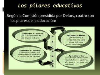 Los pilares educativos<br />Según la Comisión presidida por Delors, cuatro son los pilares de la educación:<br />