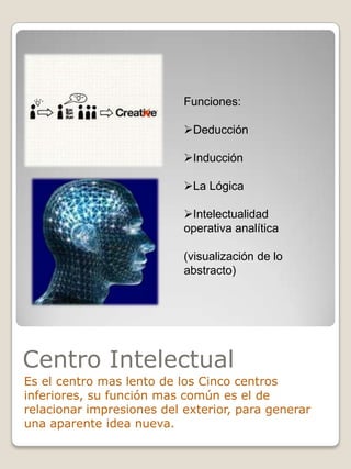 Funciones:
Deducción
Inducción

La Lógica
Intelectualidad
operativa analítica
(visualización de lo
abstracto)

Centro Intelectual
Es el centro mas lento de los Cinco centros
inferiores, su función mas común es el de
relacionar impresiones del exterior, para generar
una aparente idea nueva.

 