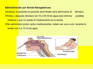 Administración por Sonda Nasogástricas:
Colocar al paciente en posición semi-fowler para administrar el fármaco.
Antes y después introducir de 10 a 50 ml de agua para eliminar posibles
residuos y que no quede el medicamento en la sonda.
No administrar juntos varios medicamentos, deben ser uno a uno lavando la
sonda con 5 a 10 ml de agua.
 