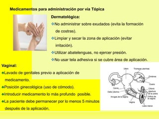 Medicamentos para administración por vía Tópica
Dermatológica:
No administrar sobre exudados (evita la formación
de costras).
Limpiar y secar la zona de aplicación (evitar
irritación).
Utilizar abatelenguas, no ejercer presión.
No usar tela adhesiva si se cubre área de aplicación.
Vaginal:
♣Lavado de genitales previo a aplicación de
medicamento.
♣Posición ginecológica (uso de cómodo).
♣Introducir medicamento lo más profundo posible.
♣La paciente debe permanecer por lo menos 5 minutos
después de la aplicación.
 