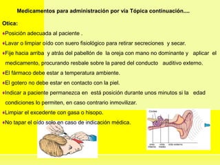 Medicamentos para administración por vía Tópica continuación....
Otica:
♦Posición adecuada al paciente .
♦Lavar o limpiar oído con suero fisiológico para retirar secreciones y secar.
♦Fije hacia arriba y atrás del pabellón de la oreja con mano no dominante y aplicar el
medicamento, procurando resbale sobre la pared del conducto auditivo externo.
♦El fármaco debe estar a temperatura ambiente.
♦El gotero no debe estar en contacto con la piel.
♦Indicar a paciente permanezca en está posición durante unos minutos si la edad
condiciones lo permiten, en caso contrario inmovilizar.
♦Limpiar el excedente con gasa o hisopo.
♦No tapar el oído solo en caso de indicación médica.
 