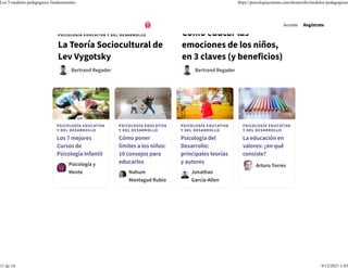 PSICOLOGÍA EDUCATIVA
Y DEL DESARROLLO
Los 7 mejores
Cursos de
Psicología Infantil
Psicología y
Mente
PSICOLOGÍA EDUCATIVA
Y DEL DESARROLLO
Cómo poner
límites a los niños:
10 consejos para
educarlos
Nahum
Montagud Rubio
PSICOLOGÍA EDUCATIVA
Y DEL DESARROLLO
Psicología del
Desarrollo:
principales teorías
y autores
Jonathan
García-Allen
PSICOLOGÍA EDUCATIVA
Y DEL DESARROLLO
La educación en
valores: ¿en qué
consiste?
Arturo Torres
PSICOLOGÍA EDUCATIVA Y DEL DESARROLLO
La Teoría Sociocultural de
Lev Vygotsky
Bertrand Regader
PSICOLOGÍA EDUCATIVA Y DEL DESARROLLO
Cómo educar las
emociones de los niños,
en 3 claves (y beneficios)
Bertrand Regader
Accede Regístrate
Los 5 modelos pedagógicos fundamentales https://psicologiaymente.com/desarrollo/modelos-pedagogicos
11 de 14 9/12/2021 1:03
 