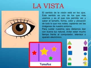El sentido de la visión está en los ojos.
Este sentido es uno de los que más
usamos y es el que nos permite ver y
saber el tamaño, forma, color y ubicación
de todo lo que nos rodea, captando así las
imágenes de nuestro entorno.
Para cuidar nuestros ojos debemos leer
con buena luz natural, evitar estar mucho
tiempo frente al computador, televisor o
aparato electrónico.
LA VISTA
 