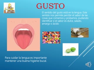 GUSTO
El sentido del gusto está en la lengua. Este
sentido nos permite percibir el sabor de las
cosas que comemos y probamos, pudiendo
identificar si el sabor es dulce, salado,
amargo o ácido
Para cuidar la lengua es importante
mantener una buena higiene bucal.
 