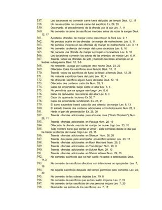 357. Los sacerdotes no comerán carne fuera del patio del templo Deut. 12, 17
358. Un no-sacerdote no comerá carne del sacrificio Ex. 29, 33
359. Observarás el procedimiento de la ofrenda por la paz Lev. 7, 11
360. No comerás la carne de sacrificios menores antes de rociar la sangre Deut.
12, 17
361. Aportarás ofrendas de manjar como prescrito en la Torá Lev. 2, 1
362. No pondrás aceite en las ofrendas de manjar de malhechores Lev. 5, 11
363. No pondrás incienso en las ofrendas de manjar de malhechores Lev. 3, 11
364. No comerás la ofrenda del manjar del sumo sacerdote Lev. 6, 16
365. No cocerás una ofrenda de manjar como pan con levadura Lev. 6, 10
366. Los sacerdotes comerán las sobras de las ofrendas de manjar Lev. 6, 9
367. Traerás todas las ofrendas de voto y también las libres al templo en el
festival subsiguiente Deut. 12, 5-6
368. No retendrás la paga por cualquier voto hecho Deut. 23, 22
369. Ofrecerás todos los sacrificios en el templo Deut. 12, 11
370. Traerás todos los sacrificios de fuera de Israel al templo Deut. 12, 26
371. No matarás sacrificios fuera del patio Lev. 17, 4
372. No ofrecerás sacrificio alguno fuera del patio Deut. 12, 13
373. Ofrecerás dos corderos cada día Num. 28, 3
374. Cada día encenderás fuego sobre el altar Lev. 6, 6
375. No permitirás que se apague ese fuego Lev. 6, 6
376. Cada día removerás las cenizas del altar Lev. 6, 3
377. Cada día quemarás incienso Ex 30, 7
378. Cada día encenderás la Menorah Ex. 27, 21
379. El sumo sacerdote traerá cada día una ofrenda de manjar Lev. 6, 13
380. El sábado traerás dos corderos adicionales como holocausto Num 28, 9
381. Harás el pan de presentación Ex. 25, 30
382. Traerás ofrendas adicionales para el nuevo mes ("Rosh Chodesh") Num.
28, 11
383. Traerás ofrendas adicionales en Pascua Num. 28, 19
384. Ofrecerás la ofrenda mecida del manjar del nuevo trigo Lev. 23, 10
385. Todo hombre tiene que contar el Omer - siete semanas desde el día que
ha traído la ofrenda del nuevo trigo Lev. 23, 15
386. Traerás ofrendas adicionales en Shavuot Num. 28, 26
387. Traerás dos panes para acompañar el sacrificio anterior Lev. 23, 17
388. Traerás ofrendas adicionales en Rosh Hashana Num. 29, 2
389. Traerás ofrendas adicionales en Yom Kippur Num. 29, 8
390. Traerás ofrendas adicionales en Sukkot Num. 29, 13
391. Traerás ofrendas adicionales en Shmini Atzeret Num. 29, 35
392. No comerás sacrificios que se han vuelto no aptos o defectuosos Deut.
14.3
393. No comerás de sacrificios ofrecidos con intenciones no apropiadas Lev. 7,
18
394. No dejarás sacrificios después del tiempo permitido para comerlos Lev. 22,
30
395. No comerás de las sobras dejadas Lev. 19, 8
396. No comerás de sacrificios que se han vuelto impuros Lev. 7, 19
397. No comerás de los sacrificios de una persona impura Lev. 7, 20
398. Quemarás las sobras de los sacrificios Lev. 7, 17
 
