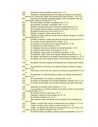 399. Quemarás todos los sacrificios impuros Lev. 7, 19
400. Observarás el procedimiento del Yom Kippur de acuerdo a la secuencia
prescrita en "Acharei Mot" (luego de la muerte de los hijos de Aarón...) Lev. 16, 3
401. Aquel que ha profanado propiedad pagará lo que ha profanado más una
quinta parte y traerá un sacrificio Lev. 5, 16
402. No harás trabajar animales consagrados Deut. 15, 19
403. No esquilarás a animales consagrados Deut. 15, 19
404. Matarás el sacrificio pascual en el momento especificado Ex. 12, 6
405. No lo matarás mientras estés en posesión de levadura Ex. 23, 18
406. No dejarás la grasa para el otro día Ex. 23, 18
407. Matarás el segundo cordero pascual Num. 9, 11
408. Comerás el cordero pascual con pan ácimo y hierbas amargas en la noche
del 14 de Nissan Ex. 12, 8
409. Comerás el segundo cordero pascual en la noche del 15 de Iyar Num.9, 11
410. No comerás la carne pascual cruda o hervida. 12, 9
411. No sacarás la carne pascual de la cercanía grupo Ex. 12, 46
412. Un apóstata no comerá de ella Ex.12, 43
413. Un trabajador temporal o contratado no comerá de ella Ex. 12, 45
414. No comerá de ella un varón incircunciso Ex. 12, 48
415. No quebrarás ningún hueso de la ofrenda Pascual Ex. 12, 46
416. No quebrarás ningún hueso de la segunda ofrenda Pascual Num. 9, 12
417. No dejarás carne alguna de la ofrenda Pascual hasta la mañana Ex. 12, 10
418. No dejarás carne de la segunda ofrenda Pascual hasta la mañana Num. 9,
12
419. No dejarás carne de la ofrenda de la fiesta del día 14 hasta el día 16 Deut.
16, 4
420. Te presentarás en el templo en las fiestas de Pascua, Shavuot y Sukkot
Deut. 16, 16
421. Harás fiesta en esos tres días trayendo una ofrenda de pacificación Ex. 23,
14
422. Te regocijarás en estas tres fiestas y traerás una ofrenda de pacificación
Deut. 16, 14
423. No te presentarás en el templo sin ofrendas Deut. 16, 16
424. No dejarás de regocijarte con los levitas llevándoles ofrendas Deut. 12, 19
425. Se reunirá todo el pueblo el día de Sukkot después del séptimo año Deut.
31, 12
426. Separarás los animales primer nacidos Ex. 13, 12
427. Los sacerdotes no comerán animales de los primer nacidos sin tacha fuera
de Jerusalén Deut. 12, 17
428. No redimirás el primer nacido Num. 18, 17
429. Separarás el diezmo de los animales Lev. 27, 32
430. No redimirás el diezmo Lev. 27, 33
431. Toda persona traerá una ofrenda por los pecados de las transgresiones
Lev. 4, 27
432. Traerás un asham talui cuando no estás seguro de tu culpa Lev. 5, 17-18
433. Traerás un asham vadai cuando la culpa es cierta Lev. 5, 25
434. Traerás una ofrenda oleh v'yored (si una persona es rica, un animal, si es
pobre una ave o un ofrenda alimenticia ) Lev. 5, 7-11
435. El sanedrín traerá una ofrenda cuando juzga equivocadamente Lev. 4, 13
 