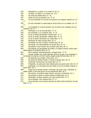 584. Respetarás a tu padre o a tu madre Ex. 20, 12
585. Temerás a tu padre o a tu madre Lev. 19, 3
586. No serás hijo rebelde Deut. 21, 18
587. Harás luto por tus parientes Lev. 10, 19
588. El sumo sacerdote no incurrirá en impureza por cualquier pariente Lev. 21,
11
589. El sumo sacerdote no estará bajo el mismo techo con un cadáver Lev. 21,
11
590. Un sacerdote no incurrirá impureza por el mismo o por cualquiera de sus
parientes Lev. 21, 1
591. Nombrarás a un rey de Israel Deut. 17, 15
592. No nombrarás a un convertido Deut. 17, 15
593. El rey no tendrá demasiadas mujeres Deut. 17, 17
594. El rey no tendrá demasiados caballos Deut. 17, 16
595. El rey no tendrá demasiado oro o plata Deut. 17, 17
596. Destruirás las siete naciones Deut. 20, 17
597. No dejarás con vida a ninguno de ellos Deut. 20, 16
598. Eliminarás a los descendientes de Amalec Deut. 25, 19
599. Recordarás lo que Amalec hizo al pueblo judío Deut. 25, 17
600. No olvidarás las atrocidades de Amalec y su ataque durante nuestro paso
desde Egipto en el desierto Deut. 25, 19
601. No te quedarás permanentemente en Egipto Deut. 17, 16
602. Cuando asedies una ciudad ofrecerás términos de paz a sus moradores y
los tratarás de acuerdo a la Torá cuando aceptan estos términos Deut. 20, 10
603. No ofrecerás paz a Moab o Amón Deut. 23, 7
604. No destruirás árboles frutales ni durante el asedio Deut. 20, 19
605. Prepararás letrinas fuera del campo Deut. 23, 13
606. Prepararás una pala para cada soldado para que pueda cavar Deut. 23, 14
607. Nombrarás a un sacerdote para que hable en con los soldados durante la
guerra Deut. 20, 2
608. Aquel que ha tomado esposa, construido una nueva casa, o plantado un
viñedo tendrá un año para gozar con sus posesiones Deut. 24, 5
609. Del anterior no reclames algún servicio comunal o militar Deut. 24, 5
610. No entrarás en pánico ni huirás durante la batalla Deut. 20, 3
611. Observarás las leyes respecto a la mujer cautiva Deut. 21, 11
612. No la venderás como esclava Deut. 21, 14
613. No la retendrás como esclava después de haber tenido relaciones con ella
Deut. 21, 14
 