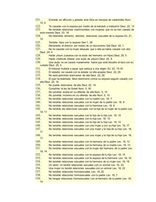 121. Entrarás en aflicción y gritarás ante Dios en tiempos de catástrofes Num.
10, 9
122. Te casarás con tu esposa por medio de la ketubah y kiddushin Deut. 22, 13
123. No tendrás relaciones matrimoniales con mujeres que no se han casado de
esta manera Deut. 23, 18
124. No retendrás alimento, vestidos, relaciones sexuales de tu esposa Ex. 21,
10
125. Tendrás hijos con tu esposa Gen 1, 28
126. Declararás el divorcio por medio de un documento Get Deut. 24, 1
127. No te casarás con la mujer después que a ella se había casado con otro
Deut. 24, 4
128. Harás yibum (casarse con la viuda del hermano sin hijos) Deut. 25, 5
129. Harás chalitzah (liberar una viuda de yibum) Deut. 25, 9
130. Una viuda no se casará nuevamente hasta que esté disuelto el lazo con su
cuñado Deut. 25, 5
131. El tribunal multará a aquel que seduce a una virgen Ex. 22, 15-16
132. El violador se casará con la violada (si ella acepta) Deut. 22, 29
133. No está permitido divorciarse de ella Deut. 22, 29
134. El que ha levantado falso testimonio contra su esposa seguirá casado con
ella Deut. 22, 19
135. No puede divorciarse de ella Deut. 22, 19
136. Cumplirás la ley de Sotah Num. 5, 30
137. No pondrás aceite en su ofrenda de ella Num. 5, 15
138. No pondrás incienso en su ofrenda de ella Num. 5, 15
139. No tendrás relaciones sexuales con tu madre Lev. 18, 7
140. No tendrás relaciones sexuales con la mujer de tu padre Lev. 18, 8
141. No tendrás relaciones sexuales con tu hermana Lev. 18, 9
142. No tendrás las relaciones sexuales con la hija de la mujer de tu padre Lev.
18, 11
143. No tendrás relaciones sexuales con la hija de tu hijo Lev. 18, 10
144. No tendrás relaciones sexuales con tu hija Lev. 18, 10
145. No tendrás relaciones sexuales con la hija de tu hija Lev. 18, 10
146. No tendrás relaciones sexuales con una mujer y con su hija Lev. 18, 17
147. No tendrás relaciones sexuales con una mujer y la hija de su hijo Lev. 18,
17
148. No tendrás relaciones sexuales con una mujer y la hija de su hija Lev. 18,
17
149. No tendrás relaciones sexuales con la hermana de tu padre Lev. 18, 12
150. No tendrás relaciones sexuales con la hermana de tu madre Lev. 18, 13
151. No tendrás relaciones sexuales con la mujer del hermano de tu padre Lev.
18, 14
152. No tendrás relaciones sexuales con la esposa de tu hijo Lev. 18, 15
153. No tendrás relaciones sexuales con la esposa de tu hermano Lev. 18, 16
154. No tendrás relaciones sexuales con la hermana de tu mujer Lev. 18, 18
155. Un varón no tendrá relaciones sexuales con un animal Lev. 18, 23
156. Una mujer no tendrá relaciones sexuales con un animal Lev. 18, 23
157. No tendrás relaciones homosexuales Lev. 18, 22
158. No tendrás relaciones homosexuales con tu padre Lev. 18, 7
159. No tengas relaciones homosexuales con el hermano de tu padre Lev. 18,
14
 