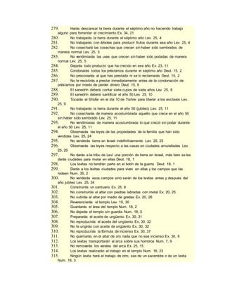 279. Harás descansar la tierra durante el séptimo año no haciendo trabajo
alguno para fomentar el crecimiento Ex. 34, 21
280. No trabajarás la tierra durante el séptimo año Lev. 25, 4
281. No trabajarás con árboles para producir frutos durante ese año Lev. 25, 4
282. No cosechará las cosechas que crecen sin haber sido sembrados de
manera normal Lev. 25, 5
283. No vendimiarás las uvas que crecen sin haber sido podadas de manera
normal Lev. 25, 5
284. Dejarás todo producto que ha crecido en ese año Ex. 23, 11
285. Condonarás todos los préstamos durante el séptimo año Deut. 15, 2
286. No presionarás al que has prestado ni se lo reclamarás Deut. 15, 2
287. No te resistirás a prestar inmediatamente antes de la condonación de
préstamos por miedo de perder dinero Deut. 15, 9
288. El sanedrín deberá contar siete cupos de siete años Lev. 25, 8
289. El sanedrín deberá santificar el año 50 Lev. 25, 10
290. Tocarás el Shofar en el día 10 de Tishrei para liberar a los esclavos Lev.
25, 9
291. No trabajarás la tierra durante el año 50 (jubileo) Lev. 25, 11
292. No cosecharás de manera acostumbrada aquello que crece en el año 50
sin haber sido sembrado Lev. 25, 11
293. No vendimiaras de manera acostumbrada lo que creció sin podar durante
el año 50 Lev. 25, 11
294. Observarás las leyes de las propiedades de la familia que han sido
vendidas Lev. 25, 24
295. No venderás tierra en Israel indefinitivamente Lev. 25, 23
296. Observarás las leyes respecto a las casas en ciudades amuralladas Lev.
25, 29
297. No darás a la tribu de Leví una porción de tierra en Israel, más bien se les
darás ciudades para morar en ellas Deut. 18, 1
298. Los levitas no tendrán parte en el botín de la guerra Deut. 18, 1
299. Darás a los levitas ciudades para vivan en ellas y los campos que las
rodeen Num. 35, 2
300. No venderás esos campos sino serán de los levitas antes y después del
año jubileo Lev. 25, 34
301. Construirás un santuario Ex. 25, 8
302. No construirás el altar con piedras labradas con metal Ex. 20, 25
303. No subirás al altar por medio de gradas Ex. 20, 26
304. Reverenciarás el templo Lev. 19, 30
305. Guardarás el área del templo Num. 18, 2
306. No dejarás el templo sin guardia Num. 18, 5
307. Prepararás el aceite de ungüento Ex. 30, 31
308. No reproducirás el aceite del ungüento Ex. 30, 32
309. No te ungirás con aceite de ungüento Ex. 30, 32
310. No reproducirás la fórmula de incienso Ex. 30, 37
311. No quemarás en el altar de oro nada que no sea incienso Ex. 30, 9
312. Los levitas transportarán el arca sobre sus hombros Num. 7, 9
313. No removerás los varales del arca Ex. 25, 15
314. Los levitas realizarán el trabajo en el templo Num. 18, 23
315. Ningún levita hará el trabajo de otro, sea de un sacerdote o de un levita
Num. 18, 3
 