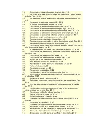 316. Consagrarás a los sacerdotes para el servicio Lev. 21, 8
317. Los turnos de la labor sacerdotal deben ser organizados y fijados durante
las fiestas Deut. 18, 6-8
318. Los sacerdotes llevarán su vestimenta sacerdotal durante el servicio Ex.
28, 2
319. No rasgarás la vestimenta sacerdotal Ex. 28, 32
320. El pectoral no se separará del Efod Ex. 28, 28
321. Un sacerdote no entrará en el templo intoxicado Lev. 10, 9
322. Un sacerdote no entrará en el templo con pelo largo. Lev. 10, 6
323. Un sacerdote no entrará en el templo con vestimentas rotas Lev. 10, 6
324. Un sacerdote no entrará indiscriminadamente en el templo Lev. 16, 2
325. Un sacerdote no abandonará el templo durante el servicio Lev. 10, 7
326. Sacarás del templo todo lo que sea impuro Num. 5, 2
327. Personas impuras no entrarán al templo Num. 5, 3
328. Personas impuras no entrarán en el área del monte del templo Deut. 23, 11
329. Sacerdotes impuros no servirán en el templo Lev. 22, 2
330. Un sacerdote impuro, luego de la inmersión, esperará hasta la caída del sol
antes de regresar al servicio Lev. 22, 7
331. El sacerdote lavará sus manos y sus pies antes del servicio Ex. 30, 19
332. Un sacerdote con defecto físico no entrará al Santuario ni se acercará al
altar Lev. 21, 23
333. Un sacerdote con defecto físico no servirá Lev.21, 17
334. Un sacerdote con defecto temporal no servirá Lev. 21, 17
335. Alguien que no sea sacerdote no servirá Num. 18, 4
336. Sólo ofrecerás animales sin defecto Lev. 22, 21
337. No dedicarás un animal defectuoso para el altar Lev. 22, 20
338. No lo matarás Lev. 22, 22
339. No rociarás su sangre Lev. 22, 24
340. No quemarás su grasa Lev. 22, 22
341. No ofrecerás un animal con defecto temporal Deut. 17, 1
342. No sacrificarás animales defectuosos tampoco cuando son ofrecidos por
no judíos Lev. 22, 25
343. No herirás un animal consagrado Lev. 22, 21
344. Redimirás a los animales consagrados que han sido descalificados Deut.
12, 15
345. Sólo ofrecerás animales que tienen por lo menos ocho días de nacidos
Lev. 22, 27
346. No ofrecerás animales comprados con la paga de una prostituta o un
animal cambiado por un perro Deut. 23, 19
347. No quemarás miel o óleo sobre el altar Lev. 2, 11
348. Salarás todos los sacrificios Lev. 2, 13
349. No omitirás la sal de los sacrificios Lev. 2, 13
350. Observarás el procedimiento de los holocaustos como prescrito en la
Torá Lev. 1, 3
351. No comerás su carne Deut. 12, 17
352. Observarás el procedimiento de las ofrendas por el pecado Lev. 6, 18
353. No comerás la carne de la ofrenda por los pecados Lev. 6, 23
354. No decapitarás una ave traída para la ofrenda por el pecado Lev. 5, 8
355. Observarás el procedimiento de la ofrenda por la culpa Lev. 7, 1
356. En sacerdote comerá la carne del sacrificio en el templo Ex. 29, 33
 