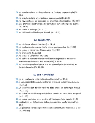 54.No se debe odiar a un descendiente de Esaú por su genealogía (Dt.
23:8)
55.No se debe odiar a un egipcio por su genealogía (Dt. 23:8)
56.No hay que hacer las paces con los amonitas o los moabitas (Dt. 23:7)
57.Está prohibido destruir los árboles frutales aun en tiempo de guerra
(Dt. 20:19)
58.No temer al enemigo (Dt. 7:21)
59.No olvidar el mal hecho por Amalek (Dt. 25:19)
LA BLASFEMIA
60.No blasfemar el santo nombre (Lv. 24:16)
61.No quebrar un juramento hecho por su santo nombre (Lv. 19:12)
62.No tomar el nombre de Dios en vano (Ex. 20:7)
63.No profanarlo (Lv. 22:32)
64.No tentar al Señor Dios (Dt. 6:16)
65.No borrar el nombre de Dios de los textos sagrados ni destruir las
instituciones dedicadas a su adoración (Dt. 12:4)
66.No permitir que el cuerpo de una persona colgada permanezca así
durante la noche (Dt. 21:23)
EL Beit HaMikdash
67.No ser negligente en la vigilancia del templo (Nm. 18:5)
68.El sumo sacerdote no debe entrar en el templo indiscriminadamente
(Lv. 16:2)
69.Un sacerdote con defecto físico no debe entrar allí por ningún motivo
(Lv. 21:23)
70.No puede servir allí aunque el defecto sea de una naturaleza temporal
(Lv. 21:17)
71.No puede participar en el servicio allí hasta que haya pasado (21:8)
72.Los Leviim y los Kohanim no deben intercambiar sus funciones (Nm.
18:3)
73.Las personas ebrias no pueden entrar en el santuario ni enseñar la ley
(Lv. 10:9-11)
 