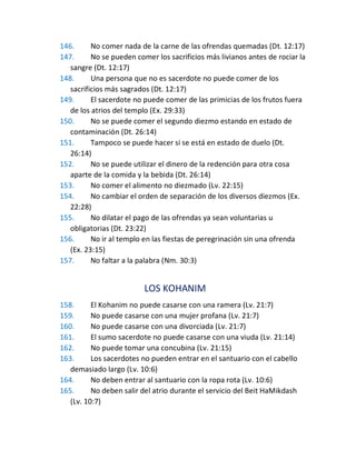 146. No comer nada de la carne de las ofrendas quemadas (Dt. 12:17)
147. No se pueden comer los sacrificios más livianos antes de rociar la
sangre (Dt. 12:17)
148. Una persona que no es sacerdote no puede comer de los
sacrificios más sagrados (Dt. 12:17)
149. El sacerdote no puede comer de las primicias de los frutos fuera
de los atrios del templo (Ex. 29:33)
150. No se puede comer el segundo diezmo estando en estado de
contaminación (Dt. 26:14)
151. Tampoco se puede hacer si se está en estado de duelo (Dt.
26:14)
152. No se puede utilizar el dinero de la redención para otra cosa
aparte de la comida y la bebida (Dt. 26:14)
153. No comer el alimento no diezmado (Lv. 22:15)
154. No cambiar el orden de separación de los diversos diezmos (Ex.
22:28)
155. No dilatar el pago de las ofrendas ya sean voluntarias u
obligatorias (Dt. 23:22)
156. No ir al templo en las fiestas de peregrinación sin una ofrenda
(Ex. 23:15)
157. No faltar a la palabra (Nm. 30:3)
LOS KOHANIM
158. El Kohanim no puede casarse con una ramera (Lv. 21:7)
159. No puede casarse con una mujer profana (Lv. 21:7)
160. No puede casarse con una divorciada (Lv. 21:7)
161. El sumo sacerdote no puede casarse con una viuda (Lv. 21:14)
162. No puede tomar una concubina (Lv. 21:15)
163. Los sacerdotes no pueden entrar en el santuario con el cabello
demasiado largo (Lv. 10:6)
164. No deben entrar al santuario con la ropa rota (Lv. 10:6)
165. No deben salir del atrio durante el servicio del Beit HaMikdash
(Lv. 10:7)
 