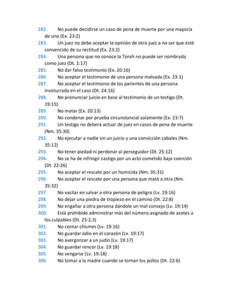 282. No puede decidirse un caso de pena de muerte por una mayoría
de uno (Ex. 23:2)
283. Un juez no debe aceptar la opinión de otro juez a no ser que esté
convencido de su rectitud (Ex. 23:2)
284. Una persona que no conoce la Torah no puede ser nombrada
como juez (Dt. 1:17)
285. No dar falso testimonio (Ex. 20:16)
286. No aceptar el testimonio de una persona malvada (Ex. 23:1)
287. No aceptar el testimonio de los parientes de una persona
involucrada en el caso (Dt. 24:16)
288. No pronunciar juicio en base al testimonio de un testigo (Dt.
19:15)
289. No matar (Ex. 20:13)
290. No condenar por prueba circunstancial solamente (Ex. 23:7)
291. Un testigo no deberá actuar de juez en casos de pena de muerte
(Nm. 35:30)
292. No ejecutar a nadie sin un juicio y una convicción cabales (Nm.
35:12)
293. No tener piedad ni perdonar al perseguidor (Dt. 25:12)
294. No se ha de infringir castigo por un acto cometido bajo coerción
(Dt. 22:26)
295. No aceptar el rescate por un homicida (Nm. 35:31)
296. No aceptar el rescate por una persona que mató a otra (Nm.
35:32)
297. No vacilar en salvar a otra persona de peligro (Lv. 19:16)
298. No dejar una piedra de tropiezo en el camino (Dt. 22:8)
299. No engañar a otra persona dándole un mal consejo (Lv. 19:14)
300. Está prohibido administrar más del número asignado de azotes a
los culpables (Dt. 25:2,3)
301. No contar chismes (Lv. 19:16)
302. No guardar odio en el corazón (Lv. 19:17)
303. No avergonzar a un judío (Lv. 19:17)
304. No guardar rencor (Lv. 19:18)
305. No vengarse (Lv. 19:18)
306. No tomar a la madre cuando se toman los pollos (Dt. 22:6)
 
