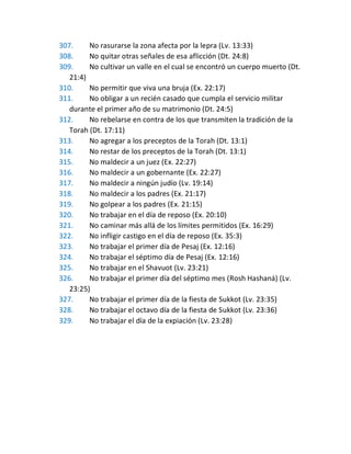 307. No rasurarse la zona afecta por la lepra (Lv. 13:33)
308. No quitar otras señales de esa aflicción (Dt. 24:8)
309. No cultivar un valle en el cual se encontró un cuerpo muerto (Dt.
21:4)
310. No permitir que viva una bruja (Ex. 22:17)
311. No obligar a un recién casado que cumpla el servicio militar
durante el primer año de su matrimonio (Dt. 24:5)
312. No rebelarse en contra de los que transmiten la tradición de la
Torah (Dt. 17:11)
313. No agregar a los preceptos de la Torah (Dt. 13:1)
314. No restar de los preceptos de la Torah (Dt. 13:1)
315. No maldecir a un juez (Ex. 22:27)
316. No maldecir a un gobernante (Ex. 22:27)
317. No maldecir a ningún judío (Lv. 19:14)
318. No maldecir a los padres (Ex. 21:17)
319. No golpear a los padres (Ex. 21:15)
320. No trabajar en el día de reposo (Ex. 20:10)
321. No caminar más allá de los límites permitidos (Ex. 16:29)
322. No infligir castigo en el día de reposo (Ex. 35:3)
323. No trabajar el primer día de Pesaj (Ex. 12:16)
324. No trabajar el séptimo día de Pesaj (Ex. 12:16)
325. No trabajar en el Shavuot (Lv. 23:21)
326. No trabajar el primer día del séptimo mes (Rosh Hashaná) (Lv.
23:25)
327. No trabajar el primer día de la fiesta de Sukkot (Lv. 23:35)
328. No trabajar el octavo día de la fiesta de Sukkot (Lv. 23:36)
329. No trabajar el día de la expiación (Lv. 23:28)
 