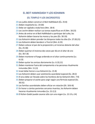 EL BEIT HAMIKDASH Y LOS KOHANIN
(EL TEMPLO Y LOS SACERDOTES)
20.Los judíos deben construir el Beit HaMikdash (Éx. 25:8)
21.Deben respetarlo (Lv. 19:30)
22.Debe ser vigilado a toda hora (Nm. 18:4)
23.Los Leviim deben realizar sus tareas específicas en él (Nm. 18:23)
24.Antes de entrar en el Beit HaMikdash o participar del culto, los
Kohanim deben lavarse las manos y los pies (Éx. 30:19)
25.Los Kohanim deben prender las lámparas todos los días (Ex. 27:20,21)
26.Los Kohanim deben bendecir a Yisra’el (Nm. 6:23)
27.Deben colocar el pan de la proposición y el incienso delante del altar
(Ex. 25:30)
28.Deben quemar el incienso dos veces por día en el altar de oro
(Ex. 30:7,8)
29.Deben mantener el fuego ardiendo en el altar continuamente (Lv.
6:13)
30.Deben quitar las cenizas diariamente (Lv. 6:10,11)
31.Deben mantener fuera del campamento a las personas ritualmente
inmundas (Nm. 5:2,3)
32.Israel debe honrar a sus Kohanim (Lv. 21:8)
33.Los Kohanim deben usar vestimenta sacerdotal especial (Ex. 28:2)
34.El arca debe ser llevada sobre los hombros de los Kohanim (Nm. 7:9)
35.Deben preparar el aceite para ungir según una fórmula especial (Ex.
30:31)
36.Las familias sacerdotales deben oficiar en rotación (Dt. 18:6-8)
37.En honor a ciertos parientes cercanos muertos, los Kohanim deben
hacerse ritualmente inmundos (Lv. 21:2,3)
38.El Kohen Gadol puede casarse sólo con una virgen (Lv. 21:13 y 14)
 