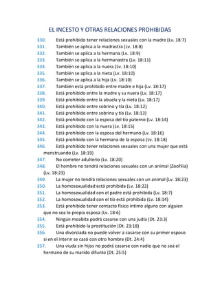 EL INCESTO Y OTRAS RELACIONES PROHIBIDAS
330. Está prohibido tener relaciones sexuales con la madre (Lv. 18:7)
331. También se aplica a la madrastra (Lv. 18:8)
332. También se aplica a la hermana (Lv. 18:9)
333. También se aplica a la hermanastra (Lv. 18:11)
334. También se aplica a la nuera (Lv. 18:10)
335. También se aplica a la nieta (Lv. 18:10)
336. También se aplica a la hija (Lv. 18:10)
337. También está prohibido entre madre e hija (Lv. 18:17)
338. Está prohibido entre la madre y su nuera (Lv. 18:17)
339. Está prohibido entre la abuela y la nieta (Lv. 18:17)
340. Está prohibido entre sobrino y tía (Lv. 18:12)
341. Está prohibido entre sobrina y tía (Lv. 18:13)
342. Está prohibido con la esposa del tío paterno (Lv. 18:14)
343. Está prohibido con la nuera (Lv. 18:15)
344. Está prohibido con la esposa del hermano (Lv. 18:16)
345. Está prohibido con la hermana de la esposa (Lv. 18:18)
346. Está prohibido tener relaciones sexuales con una mujer que está
menstruando (Lv. 18:19)
347. No cometer adulterio (Lv. 18:20)
348. El hombre no tendrá relaciones sexuales con un animal (Zoofilia)
(Lv. 18:23)
349. La mujer no tendrá relaciones sexuales con un animal (Lv. 18:23)
350. La homosexualidad está prohibida (Lv. 18:22)
351. La homosexualidad con el padre está prohibida (Lv. 18:7)
352. La homosexualidad con el tío está prohibida (Lv. 18:14)
353. Está prohibido tener contacto físico íntimo alguno con alguien
que no sea lo propia esposa (Lv. 18:6)
354. Ningún moabita podrá casarse con una judía (Dt. 23:3)
355. Está prohibido la prostitución (Dt. 23:18)
356. Una divorciada no puede volver a casarse con su primer esposo
si en el ínterin se casó con otro hombre (Dt. 24:4)
357. Una viuda sin hijos no podrá casarse con nadie que no sea el
hermano de su marido difunto (Dt. 25:5)
 