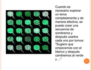 Cuando es
necesario explorar
un tema
completamente y de
manera efectiva, se
puede crear una
secuencia de
sombreros y
después usarlos
cada uno por turnos:
"Sugiero que
empecemos con el
blanco y después
cambiemos al verde
y ..."

 