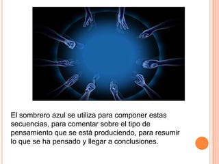 El sombrero azul se utiliza para componer estas
secuencias, para comentar sobre el tipo de
pensamiento que se está produciendo, para resumir
lo que se ha pensado y llegar a conclusiones.

 