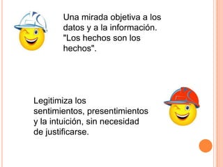 Una mirada objetiva a los
datos y a la información.
"Los hechos son los
hechos".

Legitimiza los
sentimientos, presentimientos
y la intuición, sin necesidad
de justificarse.

 