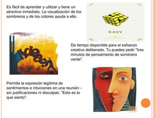 Es fácil de aprender y utilizar y tiene un
atractivo inmediato. La visualización de los
sombreros y de los colores ayuda a ello.

Da tiempo disponible para el esfuerzo
creativo deliberado. Tu puedes pedir "tres
minutos de pensamiento de sombrero
verde".

Permite la expresión legítima de
sentimientos e intuiciones en una reunión sin justificaciones ni disculpas. "Esto es lo
que siento".

 