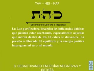 La Luz purificadora desactiva las influencias dañinas
que puedan estar acechando, especialmente aquéllas
que moran dentro de mí. El estrés se desvanece. La
presión es liberada. El equilibrio y la energía positiva
impregnan mi ser y mi mundo.
TAV – HEI – KAF
8. DESACTIVANDO ENERGÍAS NEGATIVAS Y
ESTRÉS
Escanear de Derecha a Izquierda
 