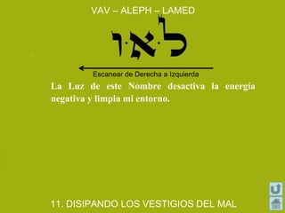 La Luz de este Nombre desactiva la energía
negativa y limpia mi entorno.
VAV – ALEPH – LAMED
11. DISIPANDO LOS VESTIGIOS DEL MAL
Escanear de Derecha a Izquierda
 