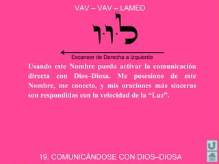 Usando este Nombre puedo activar la comunicación
directa con Dios–Diosa. Me posesiono de este
Nombre, me conecto, y mis oraciones más sinceras
son respondidas con la velocidad de la “Luz”.
VAV – VAV – LAMED
19. COMUNICÁNDOSE CON DIOS–DIOSA
Escanear de Derecha a Izquierda
 