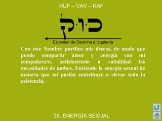 KUF – VAV – KAF
35. ENERGÍA SEXUAL
Con este Nombre purifico mis deseos, de modo que
puedo compartir amor y energía con mi
compañera/o, satisfaciendo a cabalidad las
necesidades de ambos. Enciendo la energía sexual de
manera que mi pasión contribuye a elevar toda la
existencia.
Escanear de Derecha a Izquierda
 