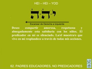 HEI – HEI – YOD
62. PADRES EDUCADORES, NO PREDICADORES
Deseo compartir amorosa, respetuosa y
abnegadamente esta sabiduría con los niños. El
predicador en mí es silenciado. La/el maestra/o que
vive en mí resplandece a través de todas mis acciones.
Escanear de Derecha a Izquierda
 