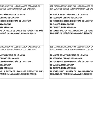 E DEL CUENTO. LUEGO MARCA CADA UNO DE
DONDE SE ESCONDIERON LOS CABRITOS.
METIÓ DEBAJO DE LA MESA
DEBAJO DE LA CAMA
E ESCONDIÓ DETRÁS DE LA ESTUFA
N LA COCINA
N EL ARMARIO
JO LA PILETA DE LAVAR LOS PLATOS Y EL MÁS
METIÓ EN LA CAJA DEL RELOJ DE PARED.
LEE ESTA PARTE DEL CUENTO. LUEGO MARCA CA
LOS LUGARES DONDE SE ESCONDIERON LOS CAB
EL MAYOR SE METIÓ DEBAJO DE LA MESA
EL SEGUNDO, DEBAJO DE LA CAMA
EL TERCERO SE ESCONDIÓ DETRÁS DE LA ESTUFA
EL CUARTO, EN LA COCINA
EL QUINTO, EN EL ARMARIO
EL SEXTO, BAJO LA PILETA DE LAVAR LOS PLATO
PEQUEÑO, SE METIÓ EN LA CAJA DEL RELOJ DE P
E DEL CUENTO. LUEGO MARCA CADA UNO DE
DONDE SE ESCONDIERON LOS CABRITOS.
METIÓ DEBAJO DE LA MESA
DEBAJO DE LA CAMA
E ESCONDIÓ DETRÁS DE LA ESTUFA
N LA COCINA
N EL ARMARIO
JO LA PILETA DE LAVAR LOS PLATOS Y EL MÁS
METIÓ EN LA CAJA DEL RELOJ DE PARED.
LEE ESTA PARTE DEL CUENTO. LUEGO MARCA CA
LOS LUGARES DONDE SE ESCONDIERON LOS CAB
EL MAYOR SE METIÓ DEBAJO DE LA MESA
EL SEGUNDO, DEBAJO DE LA CAMA
EL TERCERO SE ESCONDIÓ DETRÁS DE LA ESTUFA
EL CUARTO, EN LA COCINA
EL QUINTO, EN EL ARMARIO
EL SEXTO, BAJO LA PILETA DE LAVAR LOS PLATOS
PEQUEÑO, SE METIÓ EN LA CAJA DEL RELOJ DE P
 