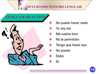 SCUCHANDO NUESTRO LENGUAJE
No puedo hacer nada
Yo soy así
Me vuelve loco
No le permitirán
Tengo que hacer eso
No puedo
Debo
Sí
E
@fL
LENGUAJE REACTIVO
 