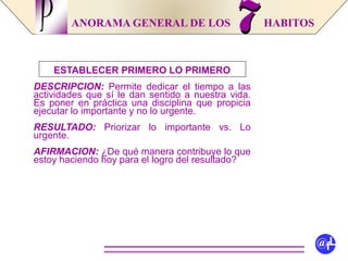 ANORAMA GENERAL DE LOS HABITOS
ESTABLECER PRIMERO LO PRIMERO
DESCRIPCION: Permite dedicar el tiempo a las
actividades que sí le dan sentido a nuestra vida.
Es poner en práctica una disciplina que propicia
ejecutar lo importante y no lo urgente.
RESULTADO: Priorizar lo importante vs. Lo
urgente.
AFIRMACION: ¿De qué manera contribuye lo que
estoy haciendo hoy para el logro del resultado?
P
@fL
 