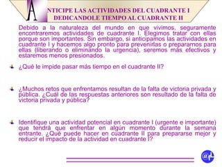 NTICIPE LAS ACTIVIDADES DEL CUADRANTE I
DEDICANDOLE TIEMPO AL CUADRANTE II
Debido a la naturaleza del mundo en que vivimos, seguramente
encontraremos actividades de cuadrante I. Elegimos tratar con ellas
porque son importantes. Sin embargo, si anticipamos las actividades en
cuadrante I y hacemos algo pronto para prevenirlas o prepararnos para
ellas (liberando o eliminando la urgencia), seremos más efectivos y
estaremos menos presionados.
¿Qué le impide pasar más tiempo en el cuadrante II?
¿Muchos retos que enfrentamos resultan de la falta de victoria privada y
pública. ¿Cuál de las respuestas anteriores son resultado de la falta de
victoria privada y pública?
Identifique una actividad potencial en cuadrante I (urgente e importante)
que tendrá que enfrentar en algún momento durante la semana
entrante. ¿Qué puede hacer en cuadrante II para prepararse mejor y
reducir el impacto de la actividad en cuadrante I?
A
@fL
 