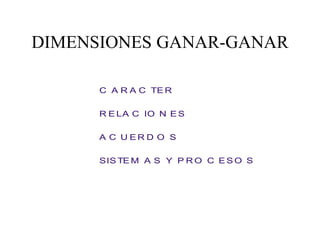 DIMENSIONES GANAR-GANAR
C A R A C TE R
R E LA C IO N E S
A C U E R D O S
SIS TE M A S Y P R O C E S O S
 