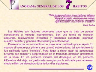 ANORAMA GENERAL DE LOS HABITOS
Los Hábitos son factores poderosos dado que se trata de pautas
consistentes a menudo inconscientes. Son una forma de reacción
adquirida, relativamente invariable y fácilmente suscitada; expresan
nuestro carácter y generan efectividad y/o inefectividad.
Pensemos por un momento en el viaje lunar realizado por el Apolo 11,
cuando el hombre por primera vez caminó sobre la luna, tal acontecimiento
fue calificado como “increible”. Para llegar a dicho lugar los astronautas
tuvieron que romper y desprenderse de la tremenda atracción gravitatoria
de la tierra. En los primeros minutos del despegue, en los primeros
kilómetros del viaje, se gastó más energía que la utilizada para atravesar
medio millón de kilómetros durante los días siguientes.
P
@fL
“Vigila tus pensamientos; se convierten en palabras.
Vigila tus palabras; se convierten en acciones.
Vigila tus acciones; se convierten en hábitos.
Vigila tus hábitos; se convierten en carácter.
Vigila tu carácter; se convierte en tu destino.”
Frank Outlaw
 