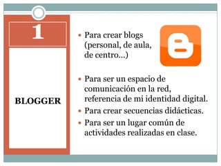 1BLOGGERPara crear blogs                (personal, de aula,                         de centro...)Para ser un espacio de comunicación en la red, referencia de mi identidad digital.Para crear secuencias didácticas.Para ser un lugar común de actividades realizadas en clase.