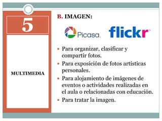 5MULTIMEDIAB. IMAGEN:Para organizar, clasificar y compartir fotos.Para exposición de fotos artísticas personales.Para alojamiento de imágenes de eventos o actividades realizadas en el aula o relacionadas con educación.Para tratar la imagen.
