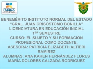 BENEMÉRITO INSTITUTO NORMAL DEL ESTADO“GRAL. JUAN CRISÓSTOMO BONILLA” LICENCIATURA EN EDUCACIÓN INICIAL1ERSEMESTRECURSO: EL SUJETO Y SU FORMACIÓN PROFESIONAL COMO DOCENTE. ASESORA: PATRICIA ELIZABETH ALTIERI RAMÍREZALUMNAS: ANA KAREN HERNÁNDEZ FLORESMARÍA DOLORES CALZADA RODRIGUEZ  