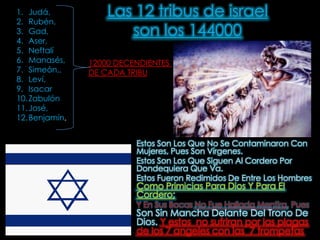 Las 12 tribus de israelson los 144000Judá, Rubén,Gad, Aser, NeftalíManasés,Simeón,, Leví, IsacarZabulónJosé, Benjamín,12000 DECENDIENTES DE CADA TRIBUEstos Son Los Que No Se Contaminaron Con Mujeres, Pues Son Vírgenes. Estos Son Los Que Siguen Al Cordero Por Dondequiera Que Va. Estos Fueron Redimidos De Entre Los Hombres Como Primicias Para Dios Y Para El Cordero; Y En Sus Bocas No Fue Hallada Mentira, Pues Son Sin Mancha Delante Del Trono De Dios. Y estos  no sufriran por las plagas   de los 7 angeles con las  7 trompetas