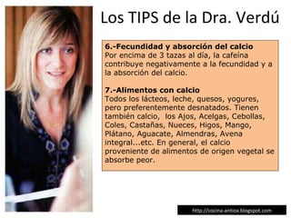 6.-Fecundidad y absorción del calcio Por encima de 3 tazas al día, la cafeína contribuye negativamente a la fecundidad y a la absorción del calcio. 7.-Alimentos con calcio Todos los lácteos, leche, quesos, yogures, pero preferentemente desnatados. Tienen  también calcio,  los Ajos, Acelgas, Cebollas, Coles, Castañas, Nueces, Higos, Mango, Plátano, Aguacate, Almendras, Avena integral...etc. En general, el calcio proveniente de alimentos de origen vegetal se absorbe peor. Los TIPS de la Dra. Verdú http://cocina-antiox.blogspot.com 