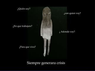 ¿Quién soy?
¿ Adonde voy?
¿con quien voy?
¿Para que vivo?
¿En que trabajare?
Siempre generara crisis
 