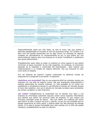 Indiscutiblemente estas son solo ideas, es solo el inicio, hay que pulirlas y
definirlas adaptándolas al mercado al cual nos queremos dirigir. En Londres o en
New York las tiendas temporales son es algo común sin embargo en algunas
ciudades de Latinoamérica no necesariamente es así, lo que podría ser una
oportunidad de negocio para una empresa en el sector inmobiliario o publicitario
que quiera diferenciarse.
Probablemente estas ideas ya están en práctica en otros lugares lo que podría
minimizar el toque innovador de los más exigentes, sin embargo, la innovación
depende de la habilidad y creatividad del emprendedor
para realizar una
implementación o un modelo de negocio diferente. Hay que buscarse la vida!
como dicen en España.
Aun así después de exprimir nuestra creatividad no debemos olvidar de
preguntarnos y preguntar a los demás lo siguiente:
¿Satisface una necesidad? Esta es una pregunta difícil de contestar siendo una
empresa con una idea de negocio nueva. Hay que averiguarlo preguntárselo a
clientes potenciales de manera indirecta. Lo más probable es no contar con
estadísticas o competencia directa lo cual dificulta el estudio de mercado porque
lo hace más subjetivo. Aun así el estudio de mercado es básico para pronosticar
las ventas y preparar un plan financiero.
¿Es viable? Probablemente la creatividad nos ha llevado muy lejos y una
empresa de informática sostenible requiera contar varios expertos informáticos
que tendrán que definir los servicios antes de empezar, lo que implica una
inversión razonable antes de operar. Hay que hablar con expertos del sector
para definir la idea y evaluar sus pros y contras, ya que es muy probable que no
tengas experiencia en dicho sector y podrías pasar por alto barreras de entrada
obvias. Si la idea te parece formidable pero solo cuentas con el 25% del capital
necesario, probablemente no está a tu alcance.

 