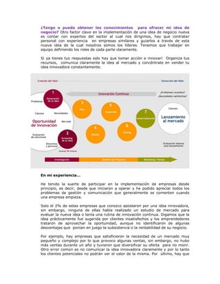 ¿Tengo o puedo obtener los conocimientos para ofrecer mi idea de
negocio? Otro factor clave en la implementación de una idea de negocio nueva
es contar con expertos del sector al cual nos dirigimos, hay que contratar
personal con experiencia en empresas similares y guiarlos a través de esta
nueva idea de la cual nosotros somos los líderes. Tenemos que trabajar en
equipo definiendo los roles de cada parte claramente.
Si ya tienes tus respuestas solo hay que tomar acción e innovar! Organiza tus
recursos, comunica claramente la idea al mercado y concéntrate en vender tu
idea innovadora constantemente.

En mi experiencia…
He tenido la suerte de participar en la implementación de empresas desde
principio, es decir, desde que iniciaron a operar y he podido apreciar todos los
problemas de gestión y comunicación que generalmente se comenten cuando
una empresa empieza.
Solo el 2% de estas empresas que conozco apostaron por una idea innovadora,
sin embargo, ninguna de ellas había realizado un estudio de mercado para
evaluar la nueva idea o tenía una rutina de innovación continua. Digamos que la
idea prácticamente fue sugerida por clientes insatisfechos y los emprendedores
trataron de aprovechar la oportunidad, aunque no identificaron de algunas
desventajas que ponían en juego la subsistencia o la rentabilidad de su negocio.
Por ejemplo, hay empresas que satisficieron la necesidad de un mercado muy
pequeño y complejo por lo que provoco algunas ventas, sin embargo, no hubo
más ventas durante un año y tuvieron que diversificar su oferta para no morir.
Otro error común es no comunicar la idea innovadora claramente y por lo tanto
los clientes potenciales no podrán ver el valor de la misma. Por último, hay que

 