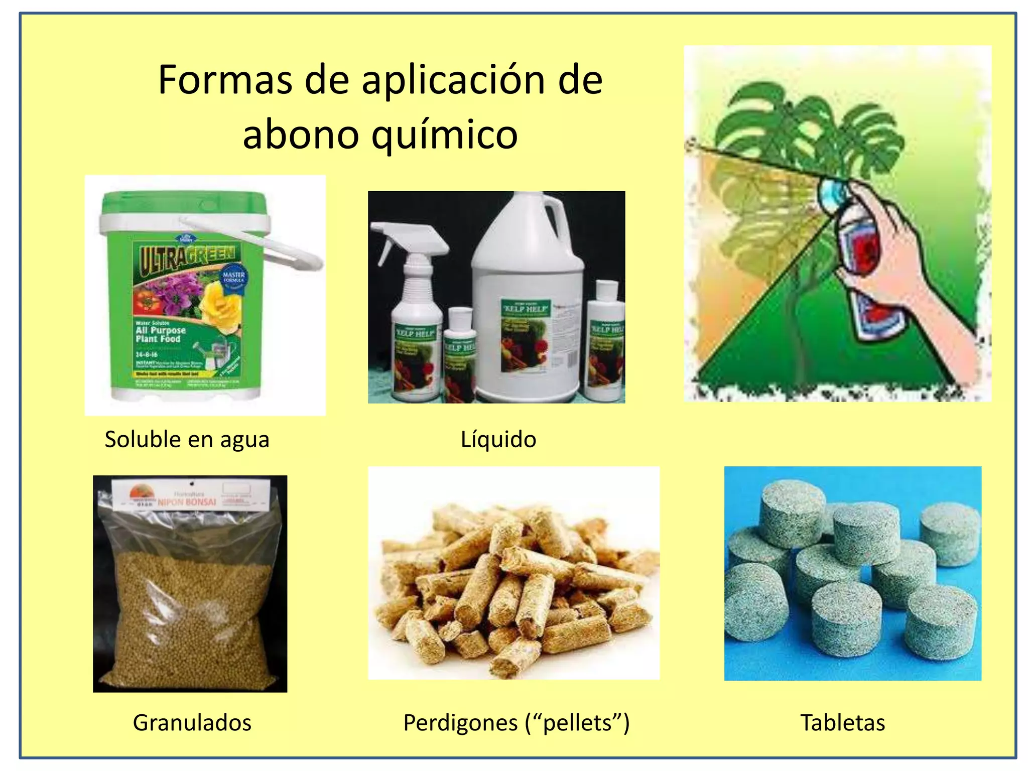 Formas de aplicación de
abono químico
Soluble en agua
Perdigones (“pellets”)Granulados
Líquido
Tabletas
 