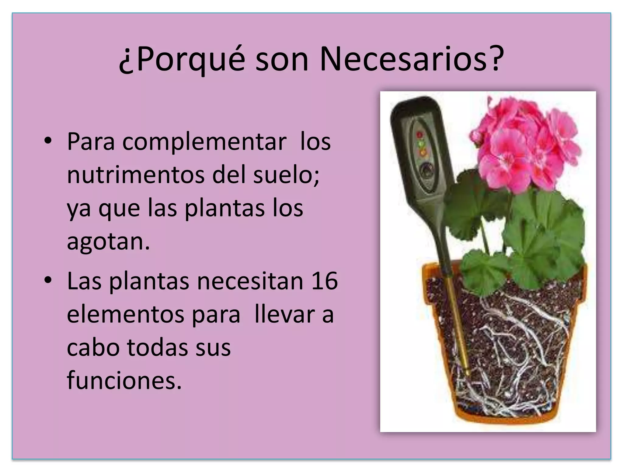 ¿Porqué son Necesarios?
• Para complementar los
nutrimentos del suelo;
ya que las plantas los
agotan.
• Las plantas necesitan 16
elementos para llevar a
cabo todas sus
funciones.
 