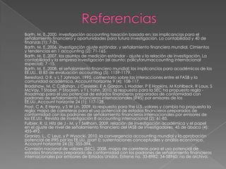 Barth, M. E..2000. investigación accounting tasación basada en: las implicancias para el
señalamiento financiero y oportunidades para futura investigación. La contabilidad y 40 de
finanzas (1): 7-31.
Barth, M. E..2006. investigación ajuste estándar, y señalamiento financiero mundial. Cimientos
y tendencias en 1 accounting (2): 71-165.
Barth, M. E..2007. los asuntos de medición estándar - ajuste y la relación de investigación. La
contabilidad y la empresa investigación (el asunto: policyforumaccounting internacional
especial): 7 -15.
Barth, M. E..2008. el señalamiento financiero mundial: las implicancias para académicos de los
EE.UU.. El 83 de evaluación accounting (5): 1159-1179.
Beresford, D R, y L T Johnson. 1995. comentario sobre las interacciones entre el FASB y la
comunidad académica. Account horizonte 9 (4): 108-117.
Bradshaw, M, C Callahan, J Ciesielski, E A Gordon, L Hodder, P E Hopkins, M Kohlbeck, R Laux, S
McVay, T Stober, P Stocken, y T L Yohn. 2010. la respuesta para la SEC ha propuesto regla -
Roadmap para el uso potencial de estados financieros preparados de conformidad con
padrones de señalamiento financieros internacionales (IFRS) por emisores de los
EE.UU..Account horizonte 24 (1): 117-128.
Frost, C A, E Henry, y S W Lin. 2009. la respuesta para the U.S. valores y cambio ha propuesto la
regla: mapa de carreteras para el uso potencial de estados financieros preparados de
conformidad con los padrones de señalamiento financieros internacionales por emisores de
los EE.UU.. Revista de investigación 8 accounting internacional (2): 61-85.
Fulbier, R. U, Hitz de J - M, y T Sellhorn. 2009. relación de investigación académica y el papel
en el ajuste de nivel de señalamiento financiero del IASB de investigadores. 45 de ábaco (4):
455-492.
Granizo, L., C Leuz, y P Wysocki. 2010. la convergencia accounting mundial y la aprobación
potencial de IFRS por los EE.UU. (part I): sustentaciones conceptuales y análisis económico.
Account horizonte 24 (3): 355-394.
Comisión nacional de valores (SEC). 2008. mapa de carreteras para el uso potencial de
estados financieros preparado de conformidad con los padrones de señalamiento financieros
internacionales por emisores de Estados Unidos. Estrene no. 33-8982; 34-58960; no de archivo.
 