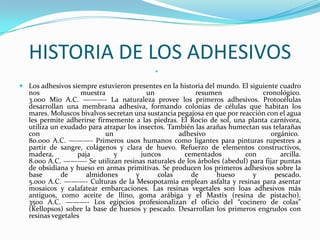 HISTORIA DE LOS ADHESIVOSLos adhesivos siempre estuvieron presentes en la historia del mundo. El siguiente cuadro nos muestra un resumen cronológico.3.000 Mio A.C. ———- La naturaleza provee los primeros adhesivos. Protocélulas desarrollan una membrana adhesiva, formando colonias de células que habitan los mares. Moluscos bivalvos secretan una sustancia pegajosa en que por reacción con el agua les permite adherirse firmemente a las piedras. El Rocío de sol, una planta carnívora, utiliza un exudado para atrapar los insectos. También las arañas humectan sus telarañas con un adhesivo orgánico. 80.000 A.C. ———- Primeros usos humanos como ligantes para pinturas rupestres a partir de sangre, colágenos y clara de huevo. Refuerzo de elementos constructivos, madera, paja y juncos cementados con arcilla.8.000 A.C. ———- Se utilizan resinas naturales de los árboles (abedul) para fijar puntas de obsidiana y hueso en armas primitivas. Se producen los primeros adhesivos sobre la base de almidones y colas de hueso y pescado.5.000 A.C. ———- Culturas de la Mesopotamia emplean asfalta y resinas para asentar mosaicos y calafatear embarcaciones. Las resinas vegetales son loas adhesivos más antiguos, como aceite de llino, goma arábiga y el Mastix (resina de pistacho).3500 A.C. ———- Los egipcios profesionalizan el oficio del “cocinero de colas” (Kellopsos) sobre la base de huesos y pescado. Desarrollan los primeros engrudos con resinas vegetales
