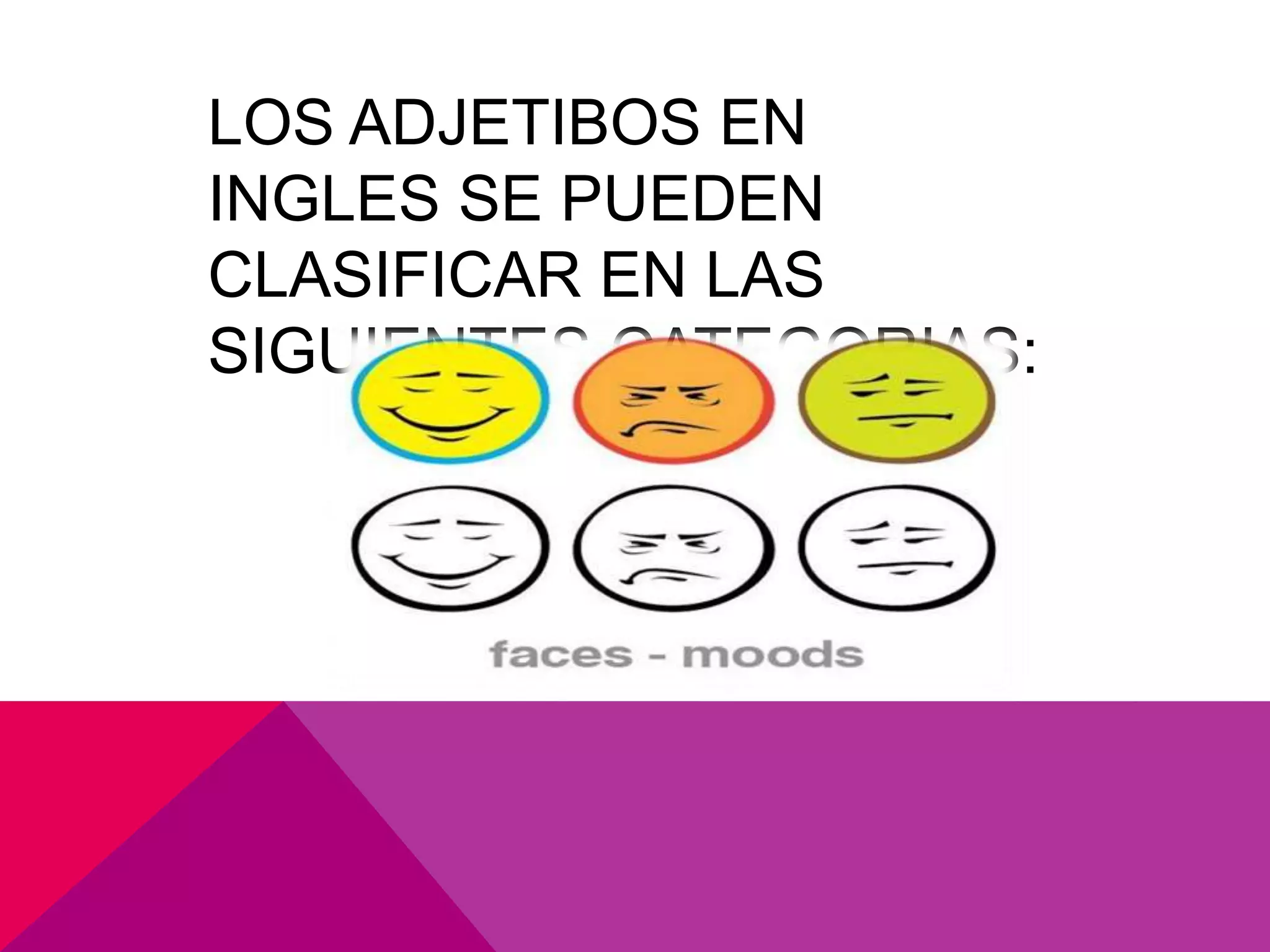 LOS ADJETIBOS EN
INGLES SE PUEDEN
CLASIFICAR EN LAS
SIGUIENTES CATEGORIAS: