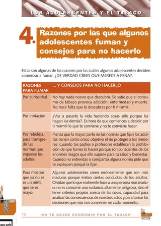 Estas son algunas de las razones por las cuáles algunos adolescentes deciden
comenzar a fumar, ¿DE VERDAD CREES QUE MERECE A PENA?.
L O S A D O L E S C E N T E S Y E L TA B A C O
10 N O T E D E J E S C O N S U M I R P O R E L TA B A C O
L O S A D O L E S C E N T E S Y E L TA B A C O
4.
Razones por las que algunos
adolescentes fuman y
consejos para no hacerlo
Por curiosidad No hay nada nuevo que descubrir. Se sabe que el consu-
mo de tabaco provoca adicción, enfermedad y muerte.
No hace falta que lo descubras por ti mism@,
... Y CONSEJOS PARA NO HACERLORAZONES
PARA FUMAR
Por imitación ¿Vas a pasarte la vida haciendo cosas sólo porque las
hagan los demás?. Es hora de que comiences a decidir por
ti mism@ lo que te conviene y no te conviene hacer.
Por rebeldía,
para transgre-
dir las
normas que
imponen los
adultos
Piensa que la mayor parte de las normas que fijan los adul-
tos tienen como único objetivo el de proteger a los meno-
res. Cuando tus padres o profesores establecen la prohibi-
ción de que fumes lo hacen porque son conscientes de los
enormes riesgos que ello supone para tu salud y bienestar.
Cuando no entiendas o compartas alguna norma pide que
te expliquen porqué la fijan.
Para mostrar
que ya no se
es un niñ@,
que se es
mayor
Algunos adolescentes creen erróneamente que son más
maduros porque imitan ciertas conductas de los adultos.
Olvidanqueloquerealmentehaceaunapersonamásmadu-
ra no es consumir una sustancia altamente peligrosa, sino el
tener criterios propios acerca de las cosas, capacidad para
analizar las consecuencias de nuestros actos y para tomar las
decisiones que más nos convienen en cada momento.
libro adolescentes TABACO OKGAM.QXD:Maquetación 1 23/09/10 19:16 Página 10
 